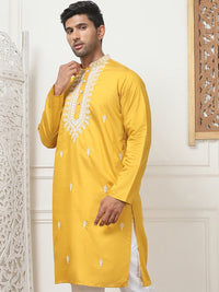 Jompers Floral Embroidered Sequinned Mandarin Collar Cotton Silk Straight Kurta