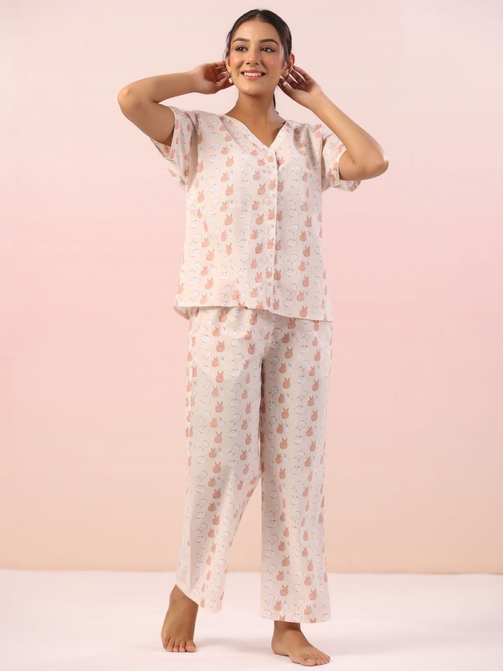 SANSKRUTIHOMES Women Printed V-Neck Pure Cotton Night Suit