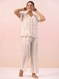 SANSKRUTIHOMES Women Printed V-Neck Pure Cotton Night Suit