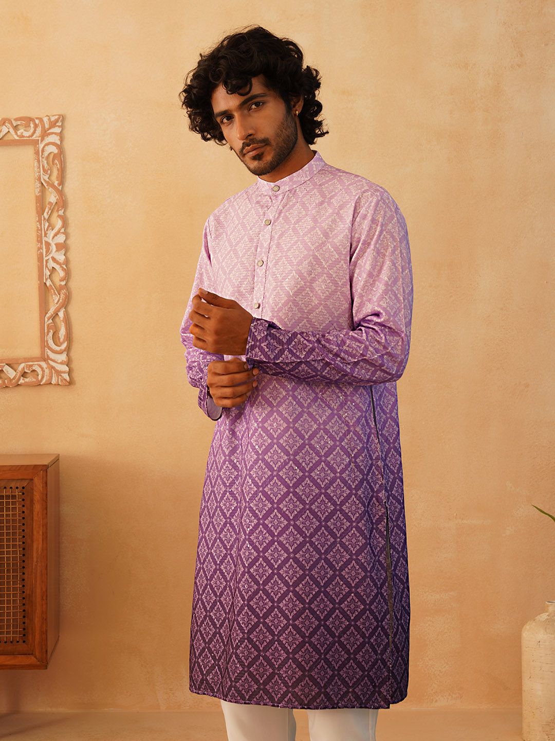 Jompers Band Collar Floral Printed Sequinned Straight Kurta