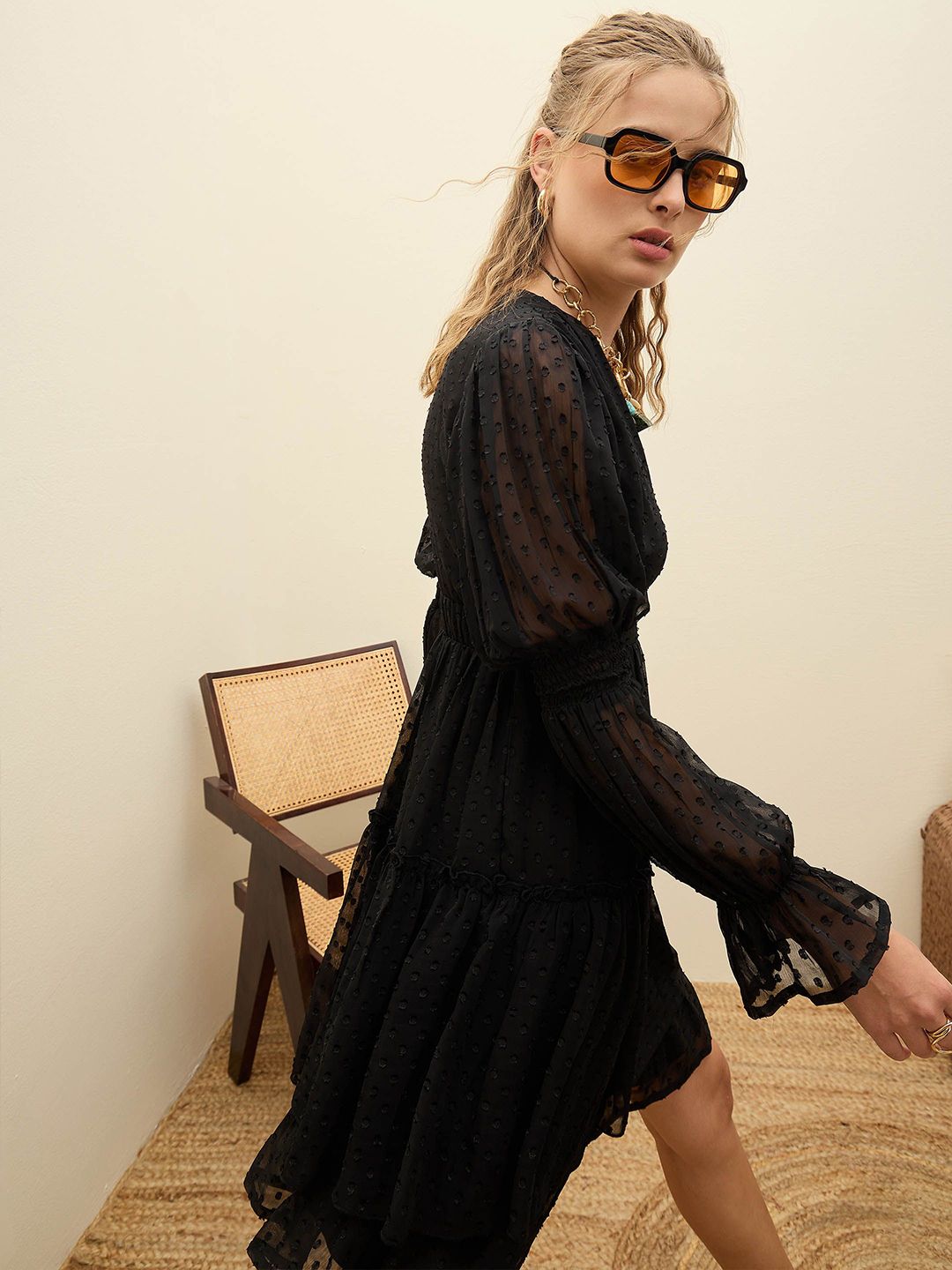 SASSAFRAS Women Solid Self Design Fit & Flare Dress