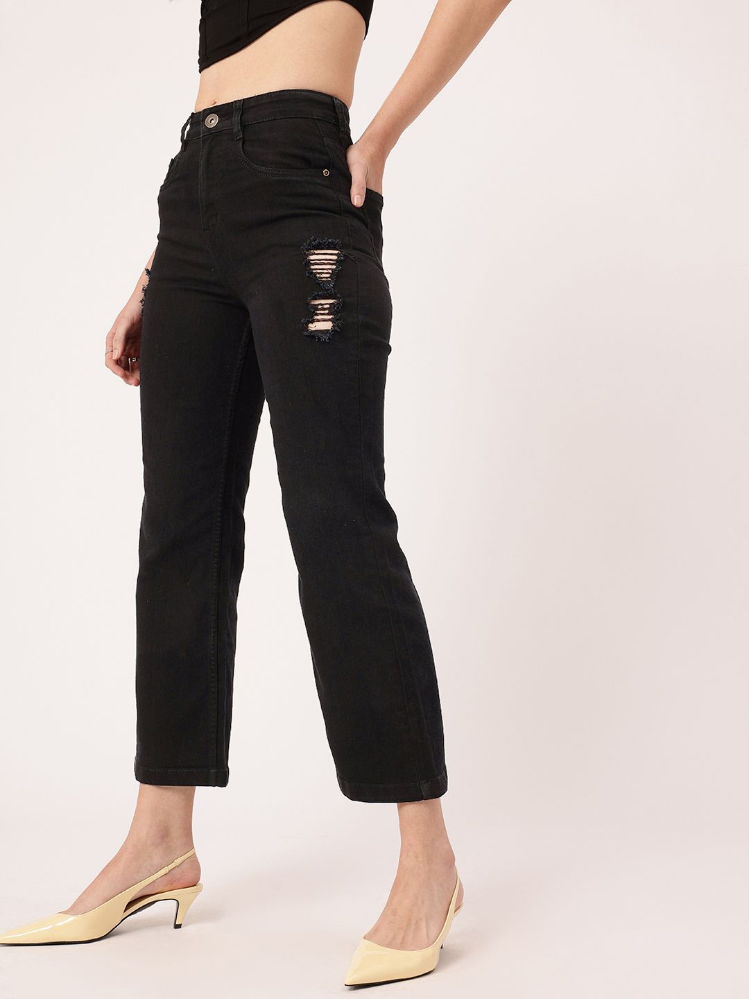 DressBerry Women Urban Edge Distressed Flared Cropped Jeans