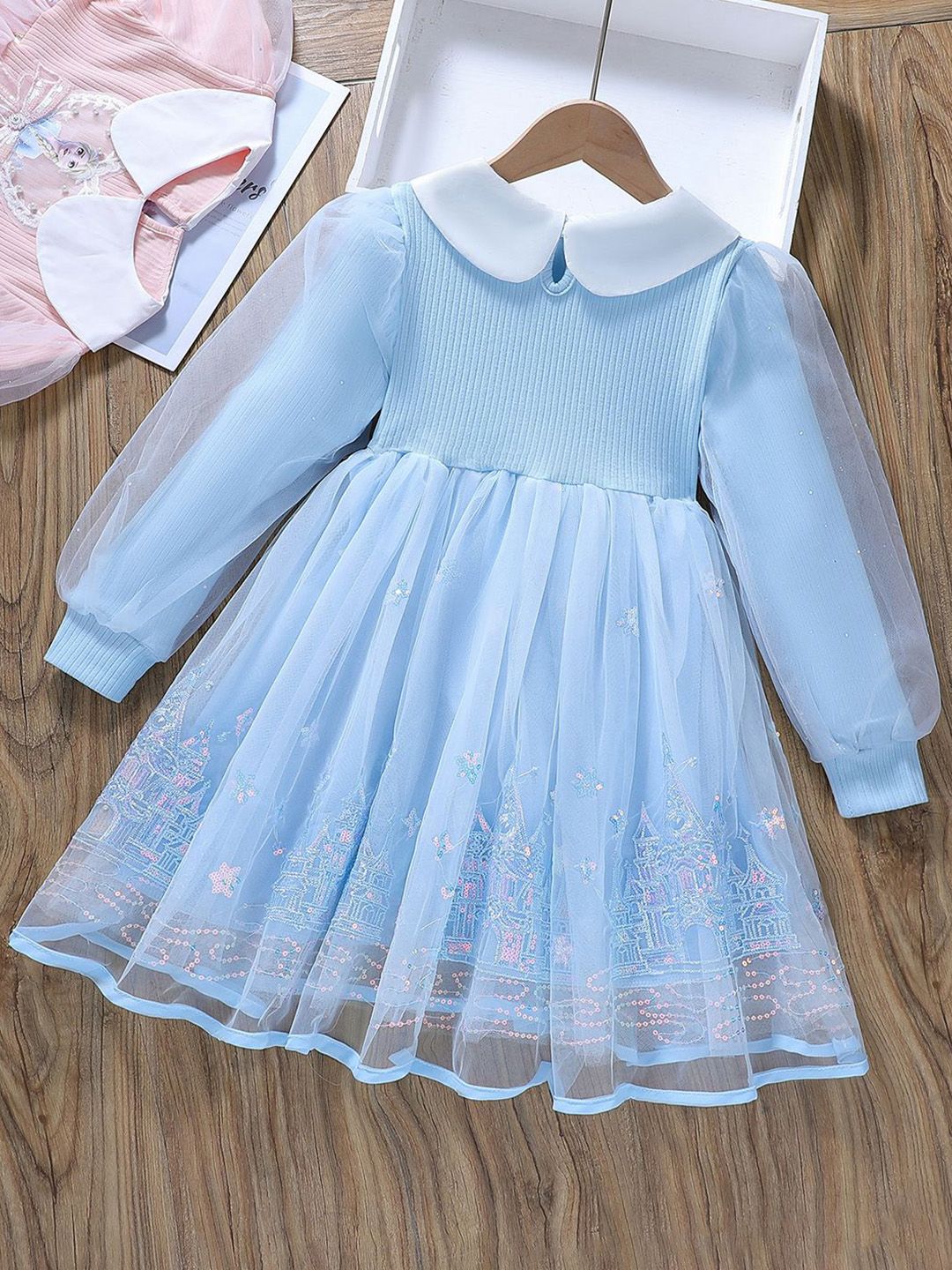 YK Girls Peter Pan Collar Puff Sleeve Fit & Flare Dress