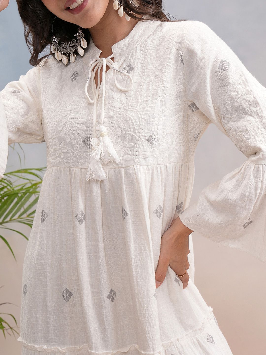 Vishudh Women Cotton Tie-up Neck Bell Sleeve Fit & Flare Midi Dress