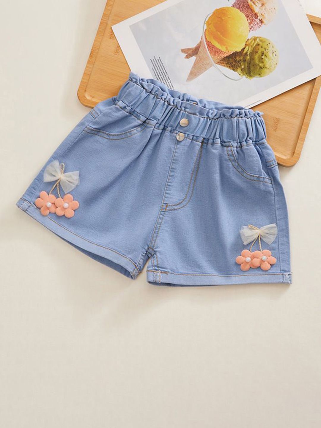 YK Girls Embellished Washed Denim Shorts