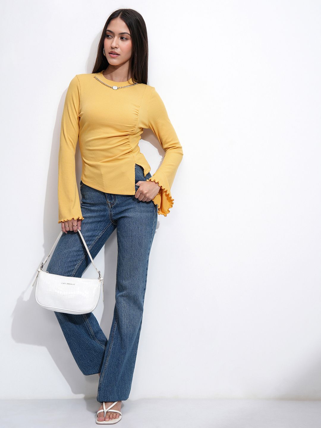 Tokyo Talkies Women Ribbed Mock Neck Bell Sleeve Fitted Top