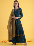 W Blue Ethnic Motifs Printed Notch Neck A-Line Kurta With Palazzos And Dupatta