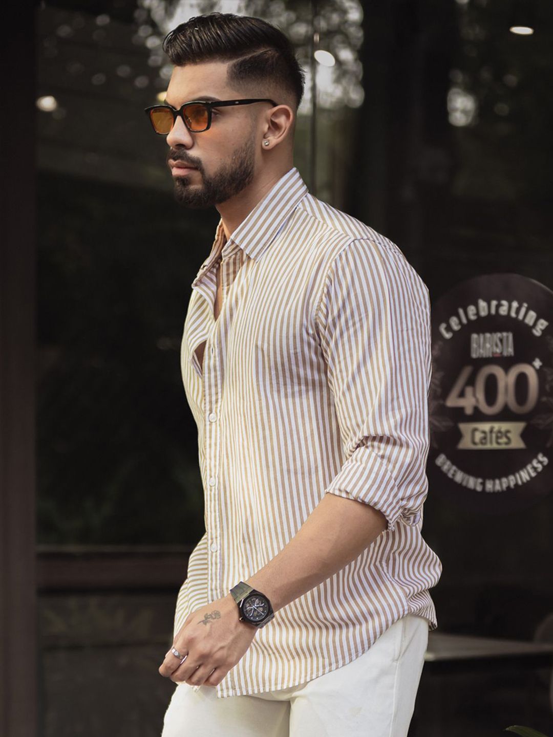 Powerlook Men Spread Collar Vertical Striped Cotton Casual Shirt