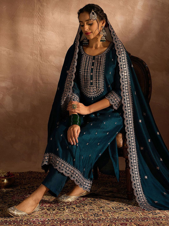 Indo Era Ethnic Motifs Embroidered Thread Work Straight Kurta With Trousers & Dupatta