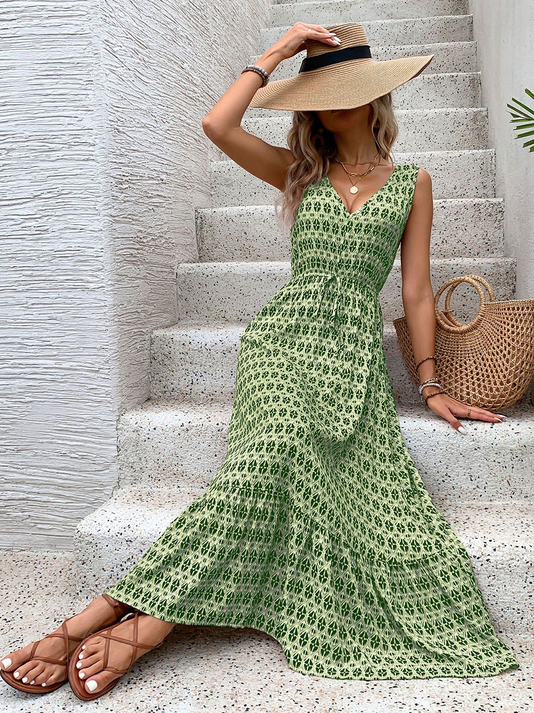 DressBerry Printed Tie-Up Waist Maxi Dress