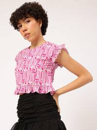 DressBerry Candy Colored Couture Printed Ruffled Top