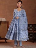 Libas Floral Printed Angrakha Pure Cotton Anarkali Kurta with Trousers & Dupatta