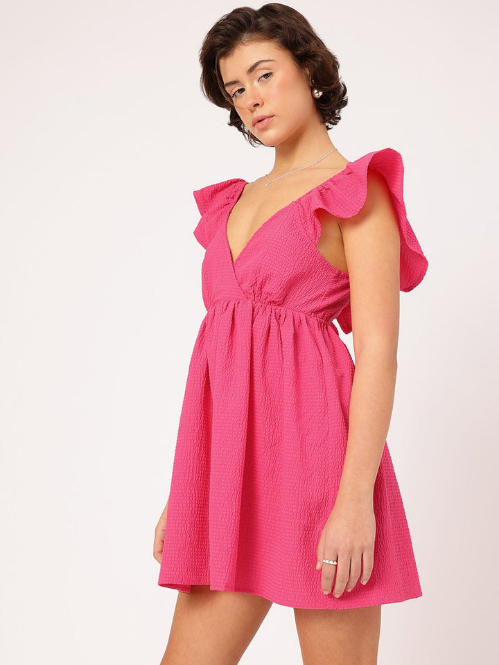 DressBerry BarbieCore Chic Seersucker Cut Out Detail Mini Dress