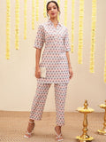 Vishudh White & Blue Floral Printed Shirt Collar Tunic & Trousers