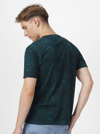 Urbano Fashion Men Teal Blue Tropical Printed Round Neck Pure Cotton T-shirt