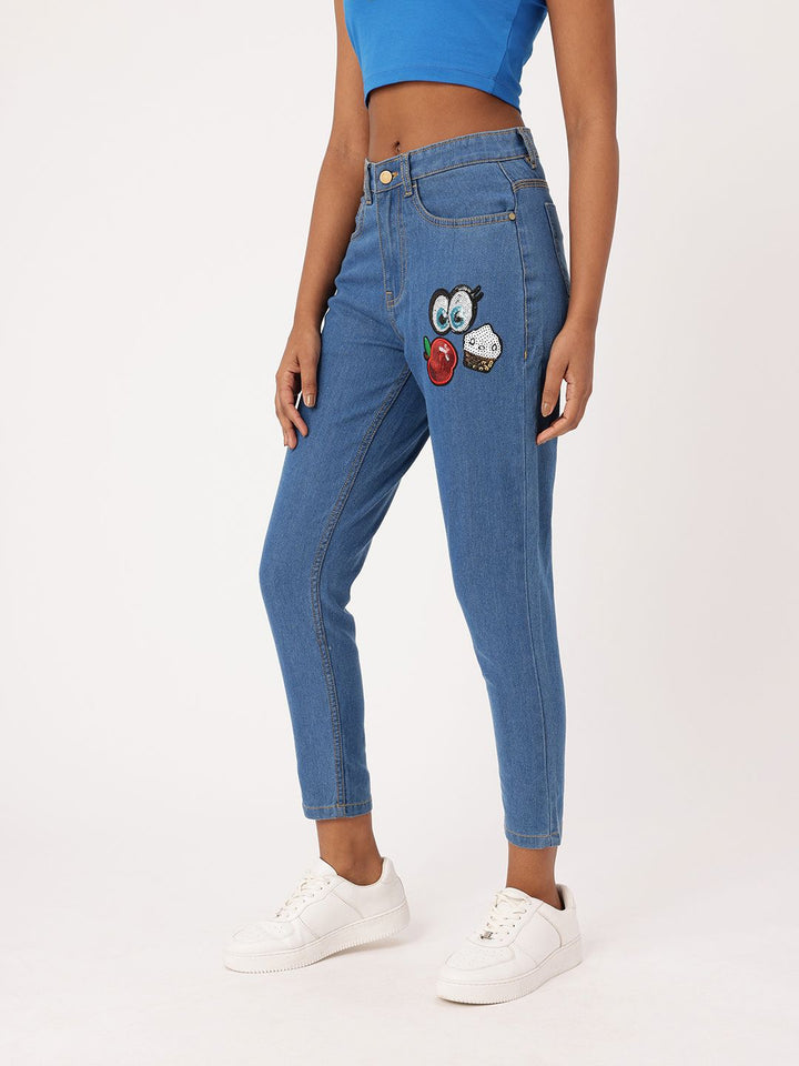 DressBerry Women Bold Grunge Embellished Sequined Mom Fit Jeans