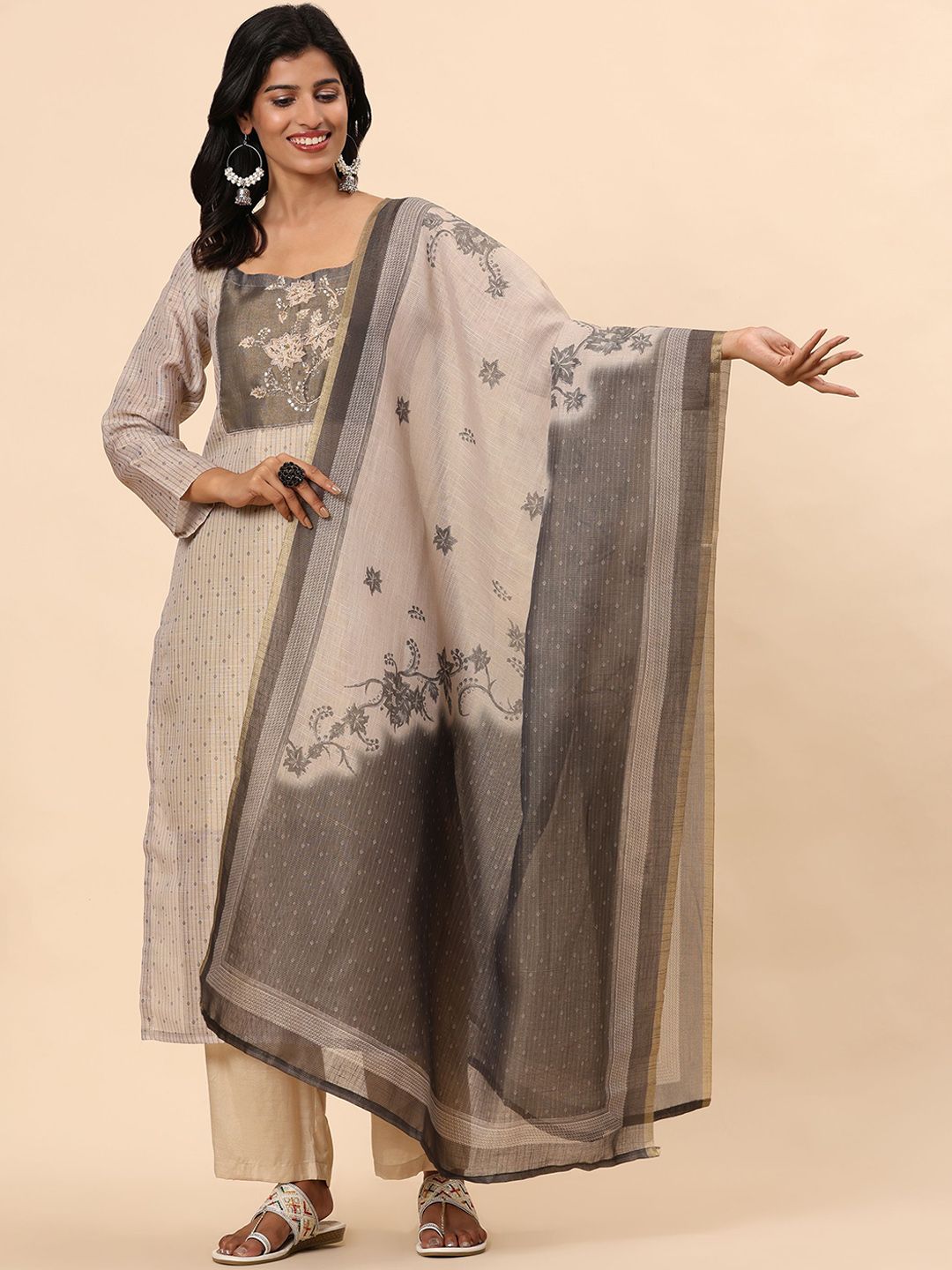 Kurta Kapas Tulen Biasa Sulam Bunga Mamicha Wanita dengan Palazzo & Dupatta
