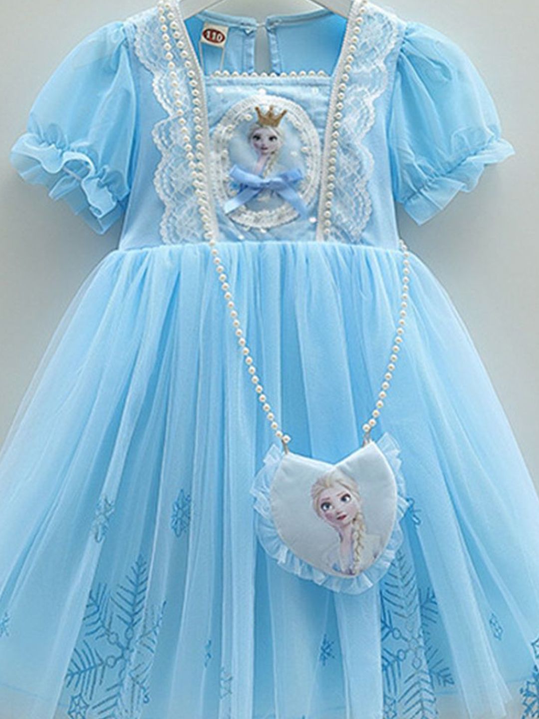 YK Elsa & Anna Printed Lace Inserts Detail Fit & Flare Dress With Bag