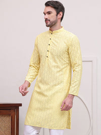 Jompers Floral Embroidered Mandarin Collar Chikankari Pure Cotton Straight Kurta
