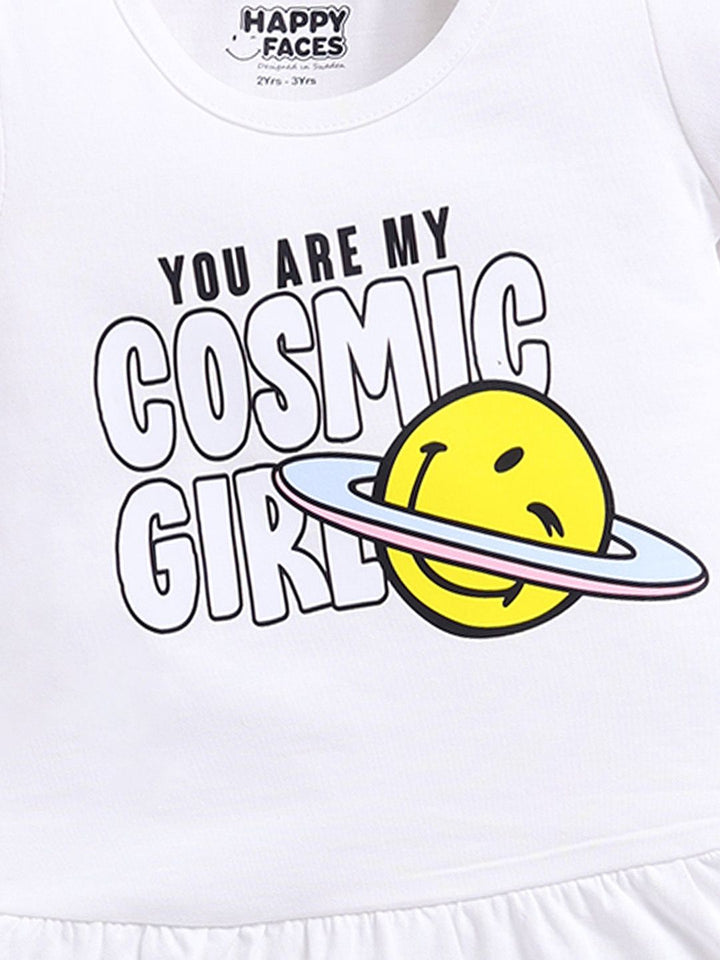 Happy Faces Girls Smiley Print Pure Cotton Fit & Flare Dress