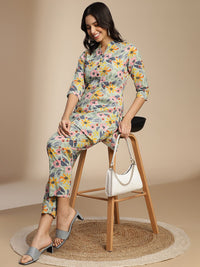 KALINI Floral Printed Pure Cotton Top With Trousers Co-Ords