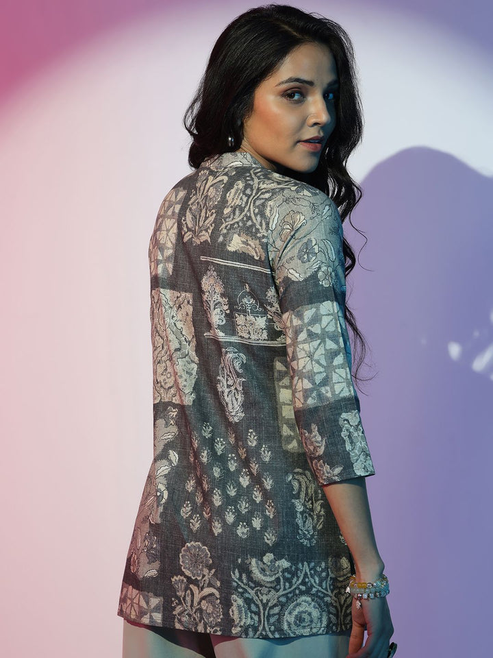 Libas Women Ethnic Printed Mandarin Collar Linen Kurti