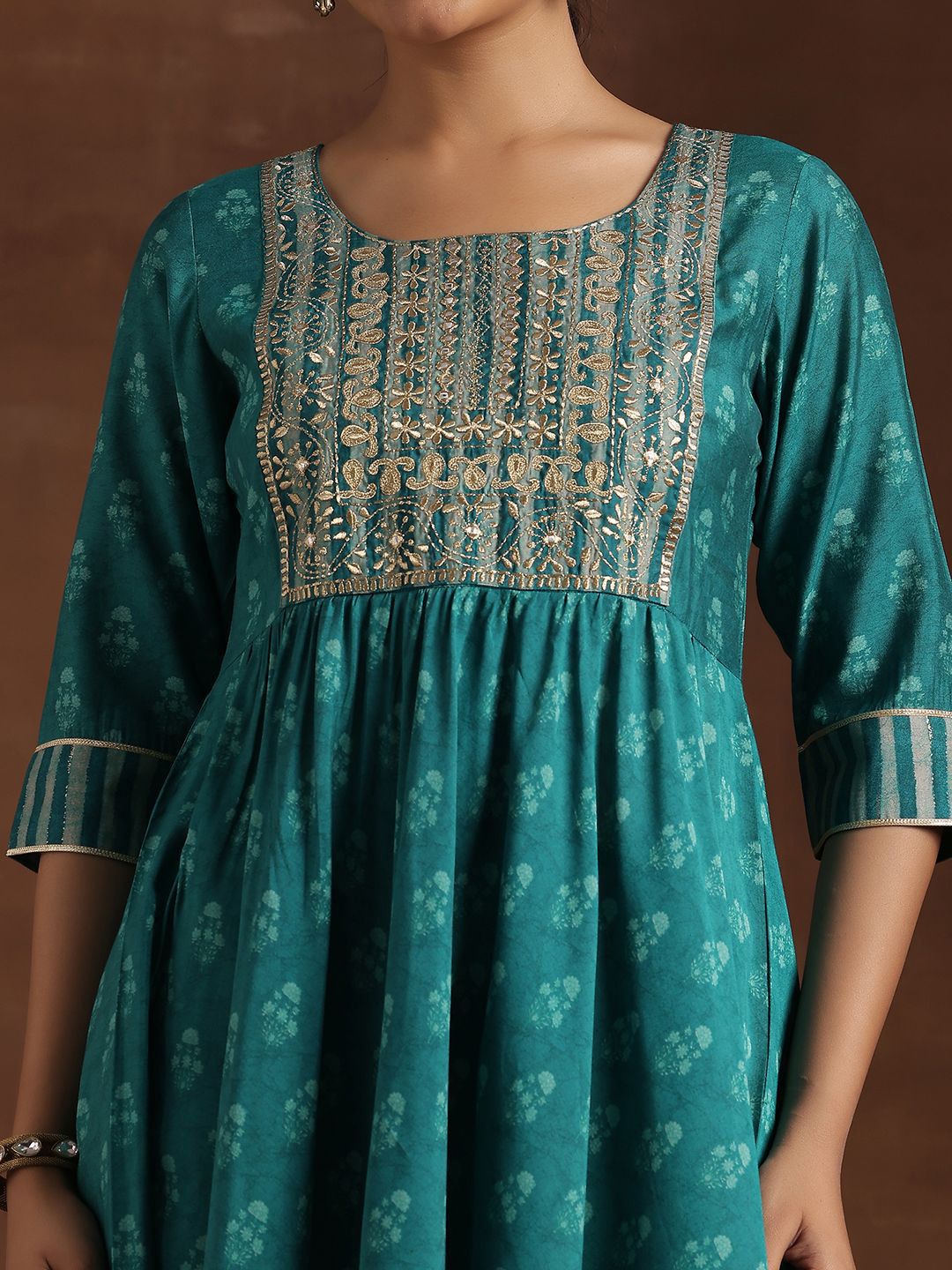 Libas Floral Printed Pleated Mirror Work Anarkali Kurta with Trousers & Dupatta