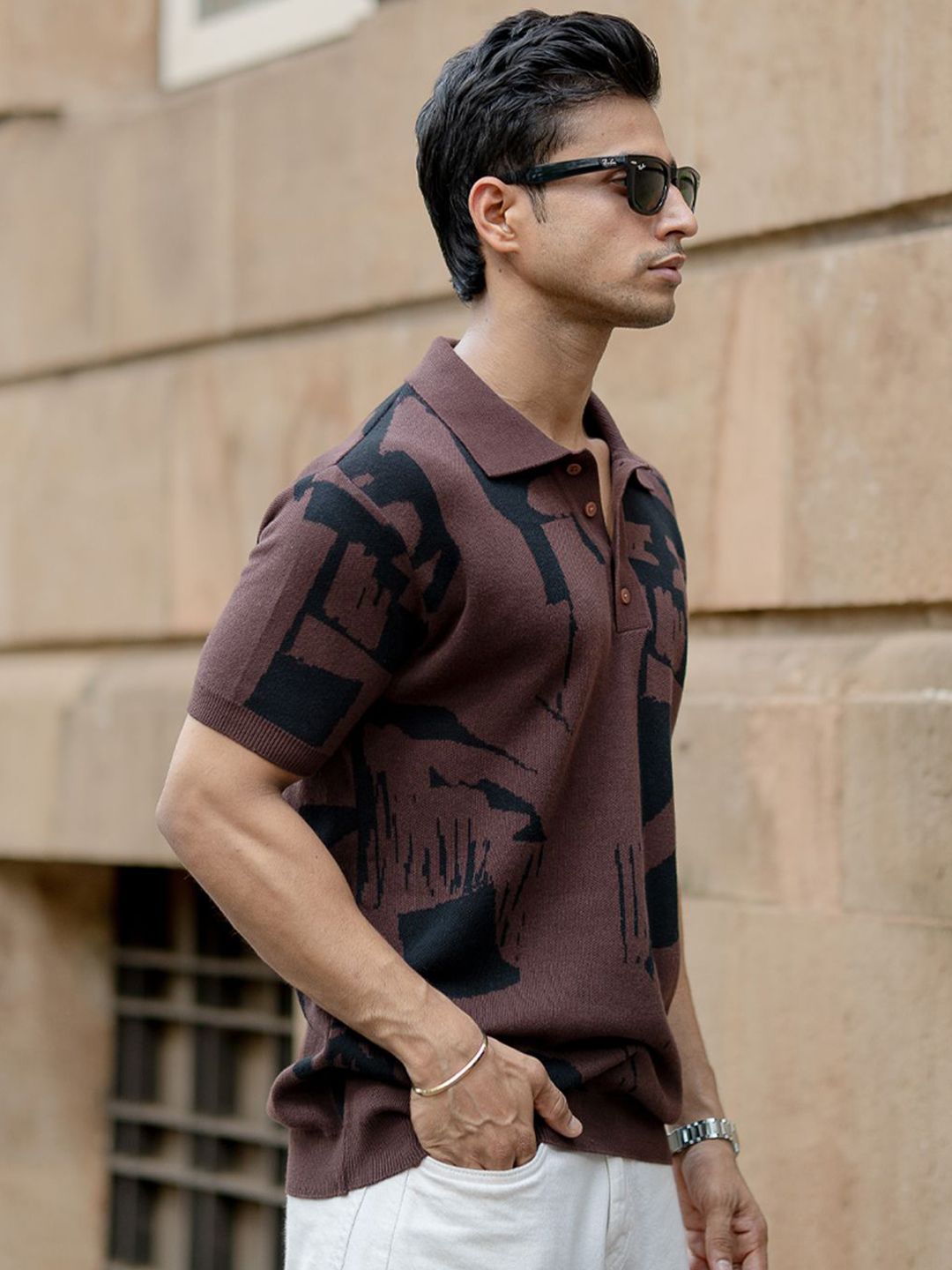 Powerlook SS25 Abstract Printed Polo Collar Jacquard Knitted Pure Cotton T-Shirt