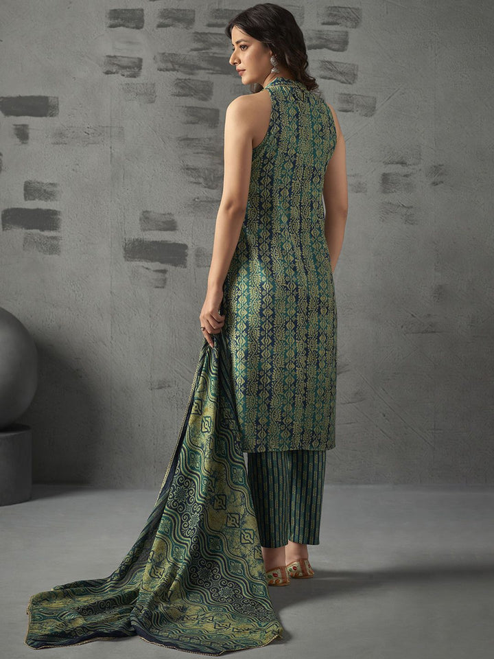 Anouk Blue Floral Printed Halter Neck Straight Kurta with Trousers & Dupatta