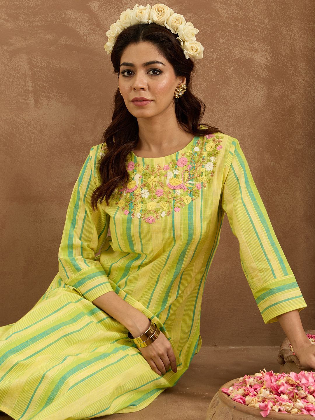 Indo Era Women Floral Embroidered Regular Thread Work Pure Cotton Kurta with Trousers