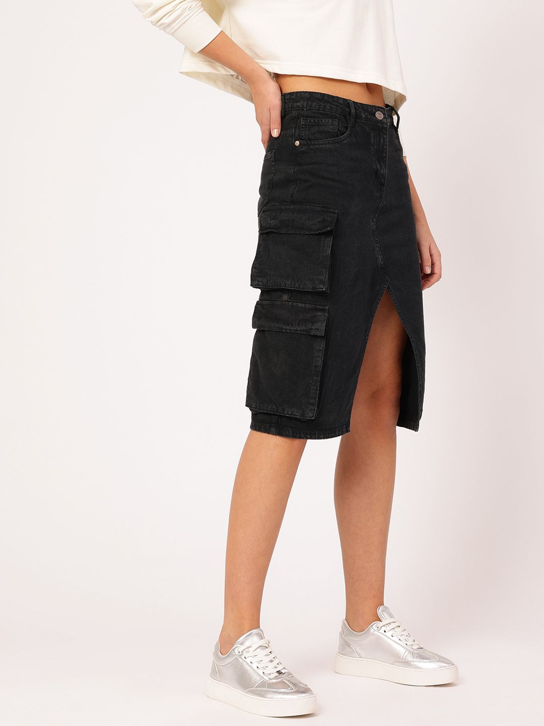DressBerry Cargo Style Front Slit Denim Skirt