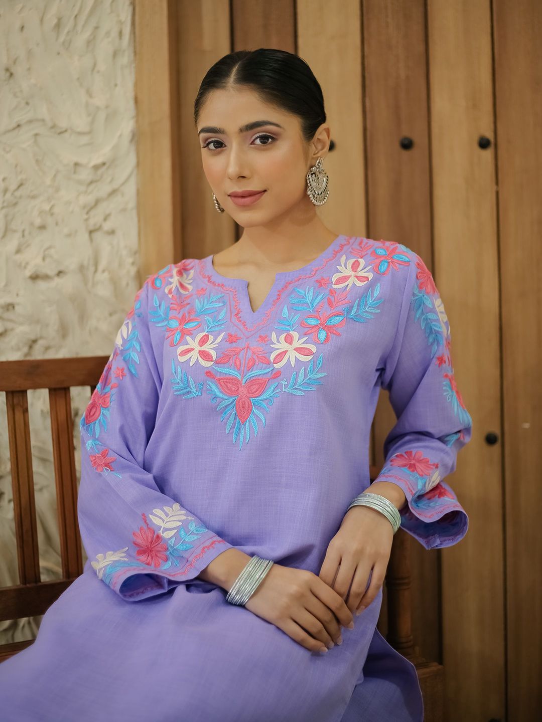 HOUSE OF KARI Flora Embroidered Thread Work Falak Kashmiri Straight Kurta With Trousers