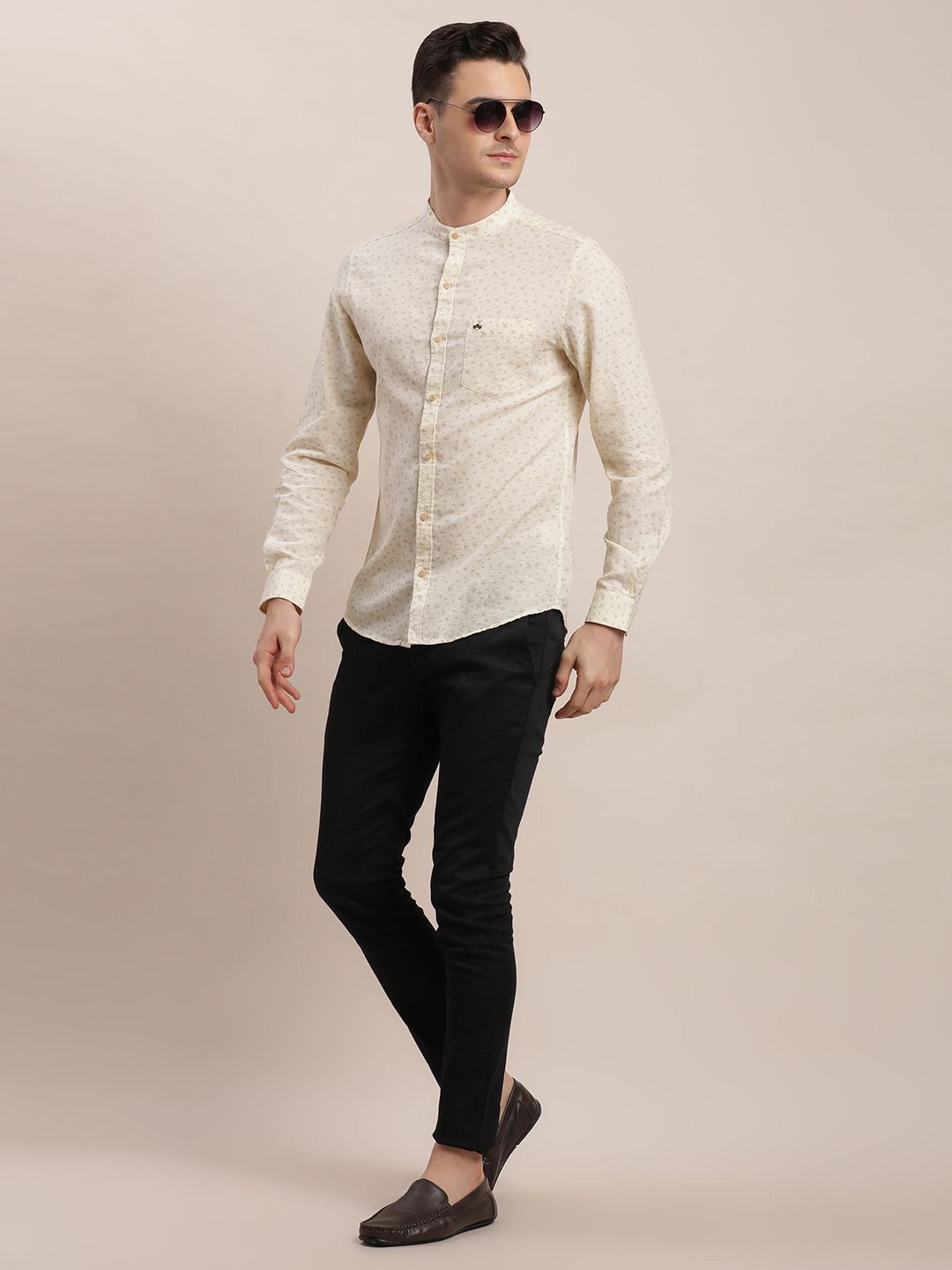 Turtle Men Relaxed Mandarin Collar Micro Ditsy Printed Cotton Linen Slim Fit Casual Shirt