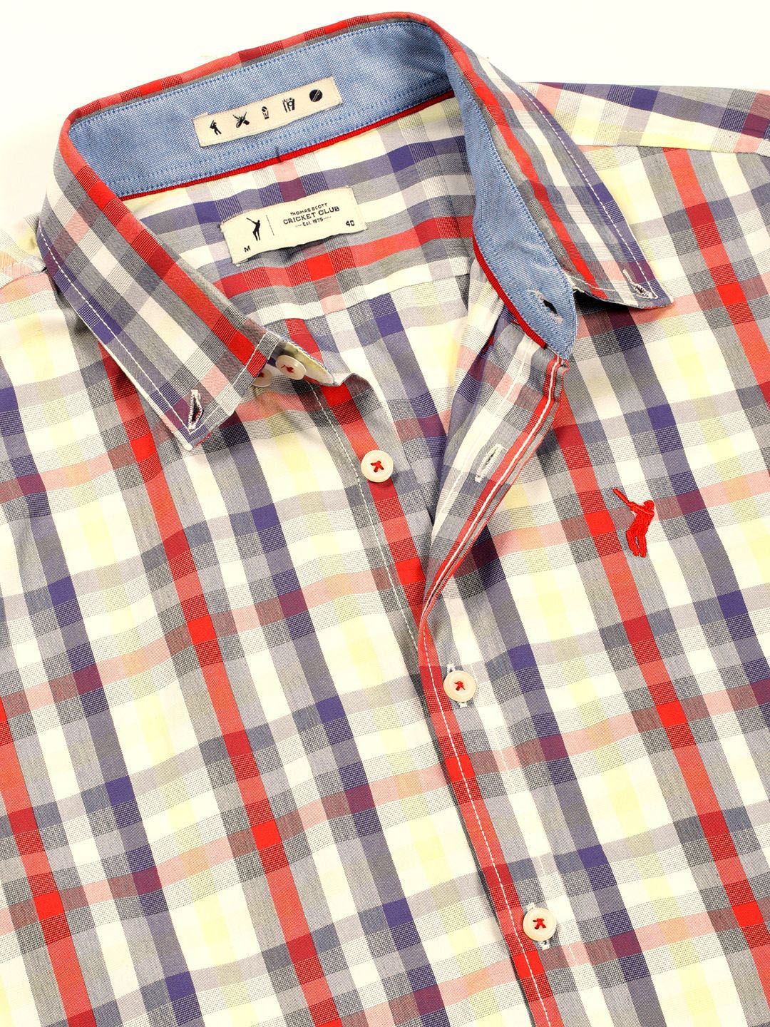 Thomas Scott Men Premium Spread Collar Tartan Checked Cotton Slim Fit Casual Shirt