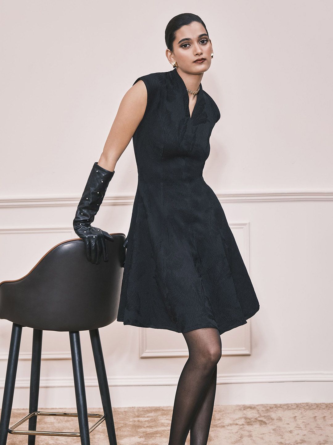 AND Self Design V-Neck Extended Sleeves Fit & Flare Above Knee Dress