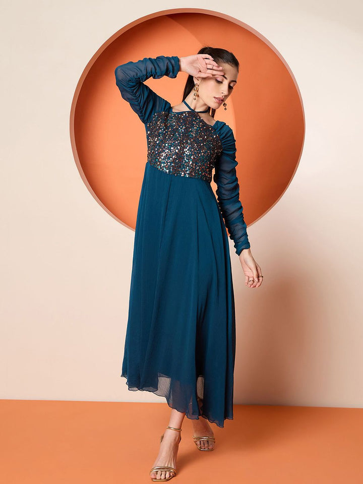 Antheaa Women Halter Neck Sequined Embellished Maxi Dress