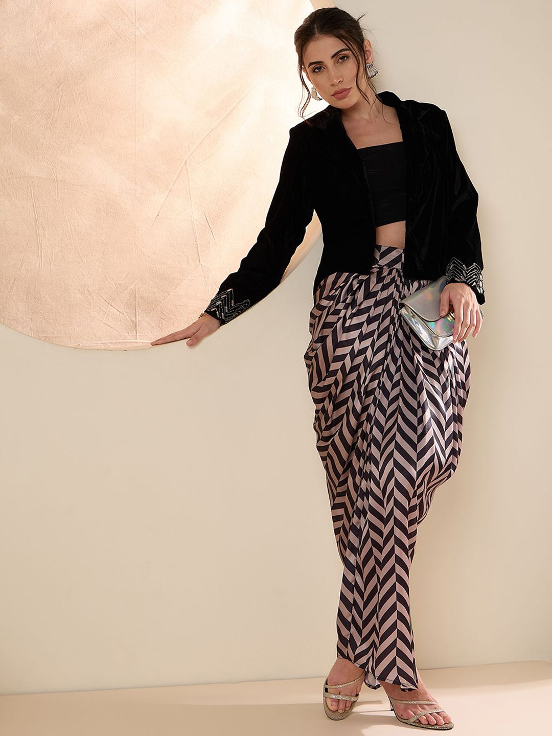 Antheaa Embellished Shawl Neck Jacket With Skirt