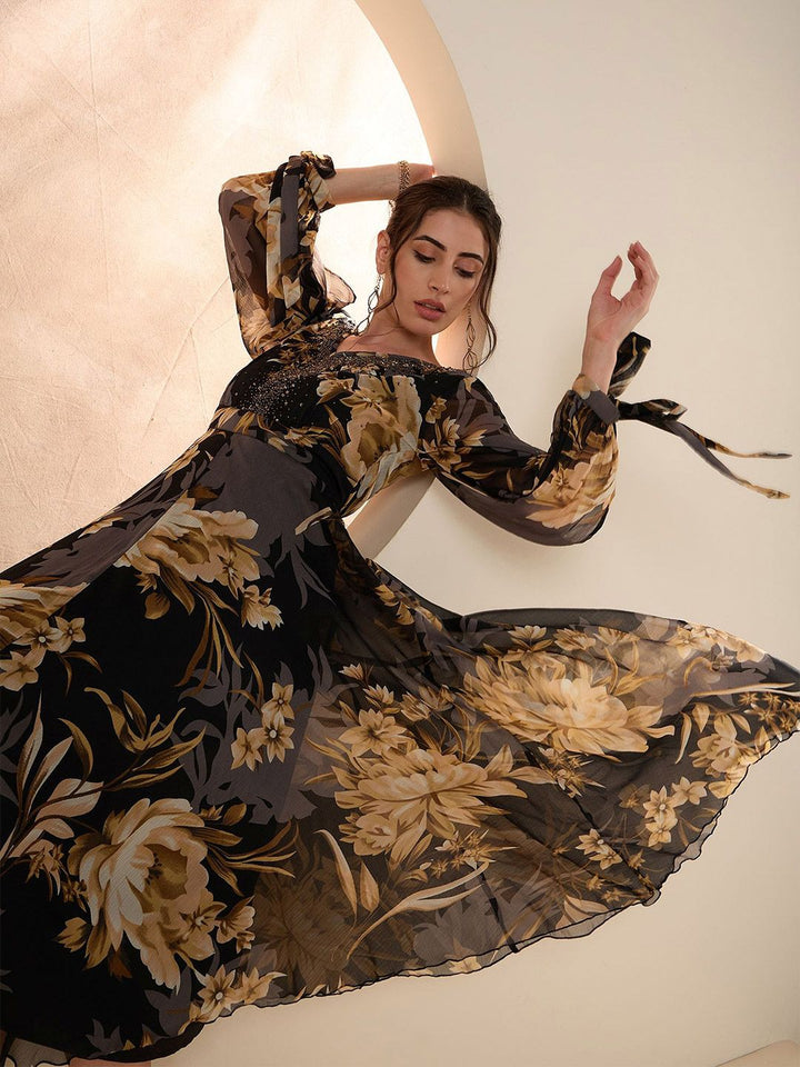Antheaa Floral Embellished Flared Sleeve Chiffon A-Line Midi Dress