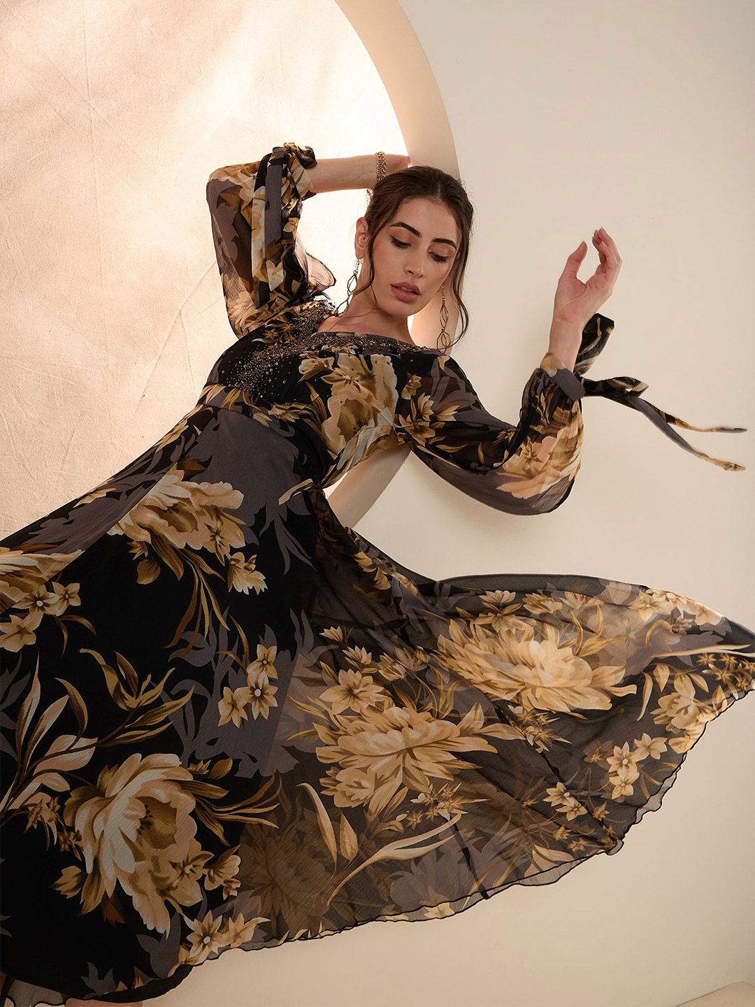 Antheaa Floral Embellished Flared Sleeve Chiffon A-Line Midi Dress