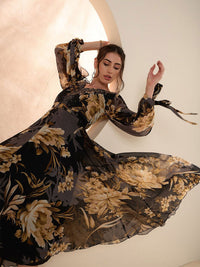 Antheaa Floral Embellished Flared Sleeve Chiffon A-Line Midi Dress