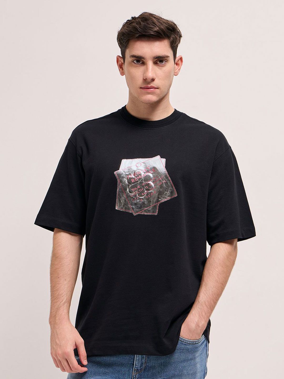 THE BEAR HOUSE Men Graphic Printed Round Neck Pure Cotton Oversized T-shirt
