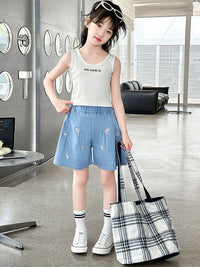 YK Girls Graphic Printed Loose Fit Mid-Rise Denim Shorts