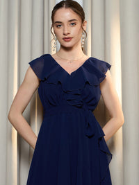 Berrylush Women V-Neck A-Line Maxi Dress With Ruffles Detail