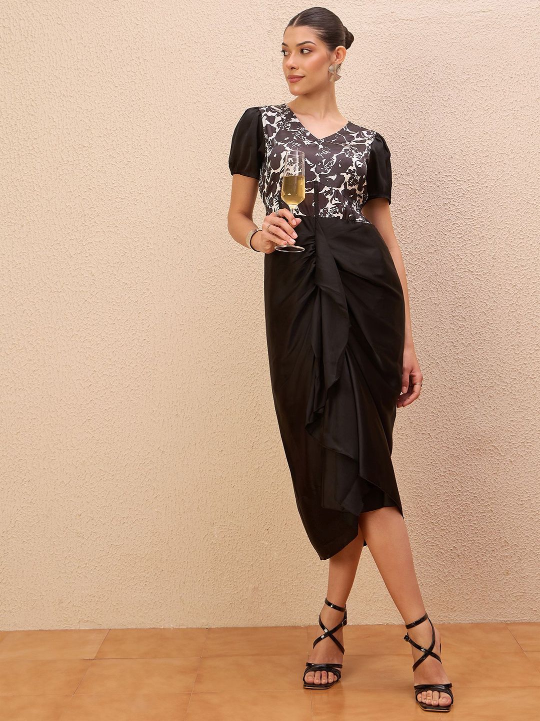 Antheaa Women Puff Sleeve Satin Sheath Midi Dress