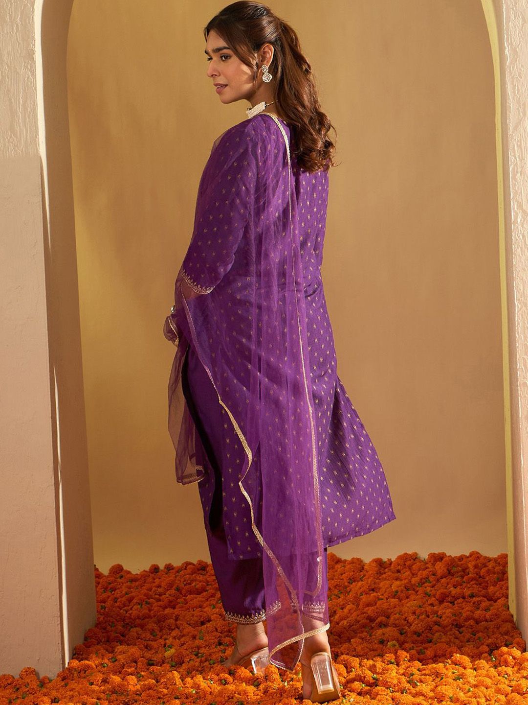 Indo Era Ethnic Motifs Printed Straight Sequinned Kurta with Trousers & Dupatta