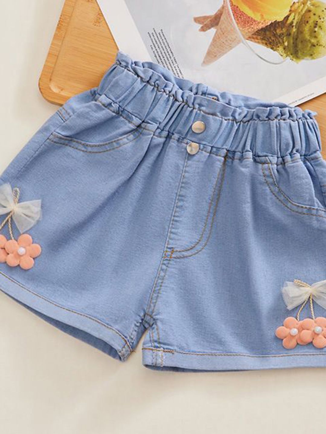 YK Girls Embellished Washed Denim Shorts