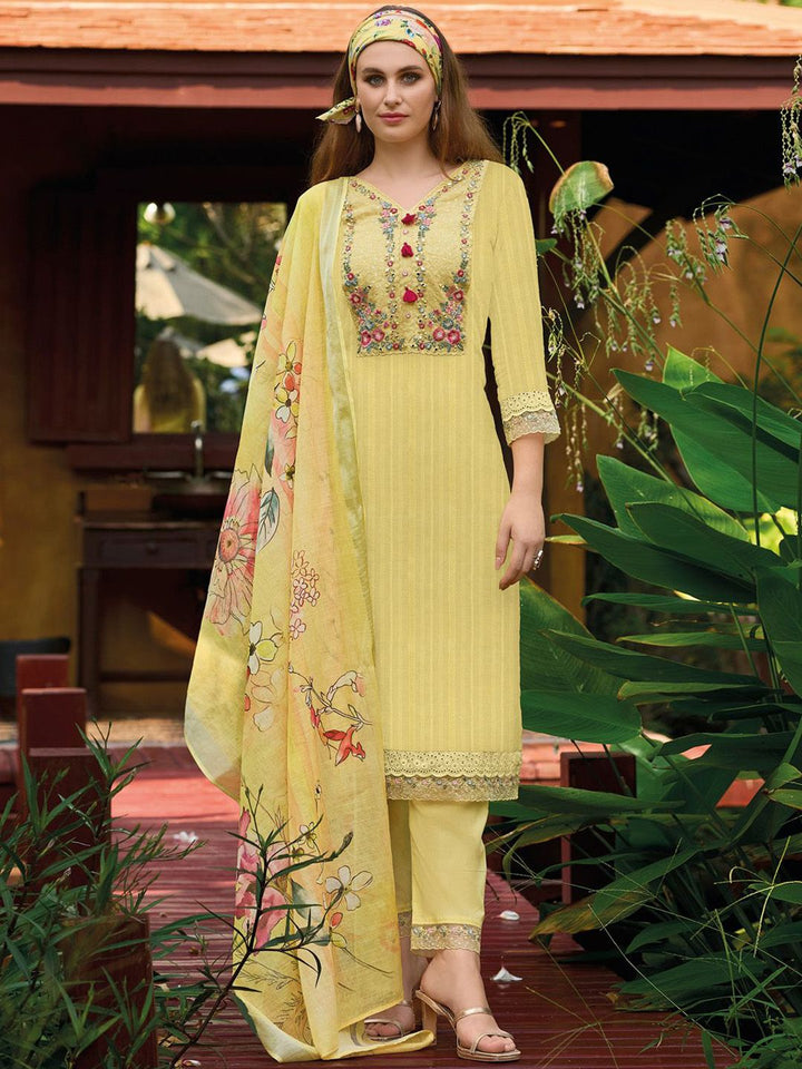 Indo Era Yellow Floral Embroidered Thread Work Pure Cotton Kurta with Trouser &  Dupatta