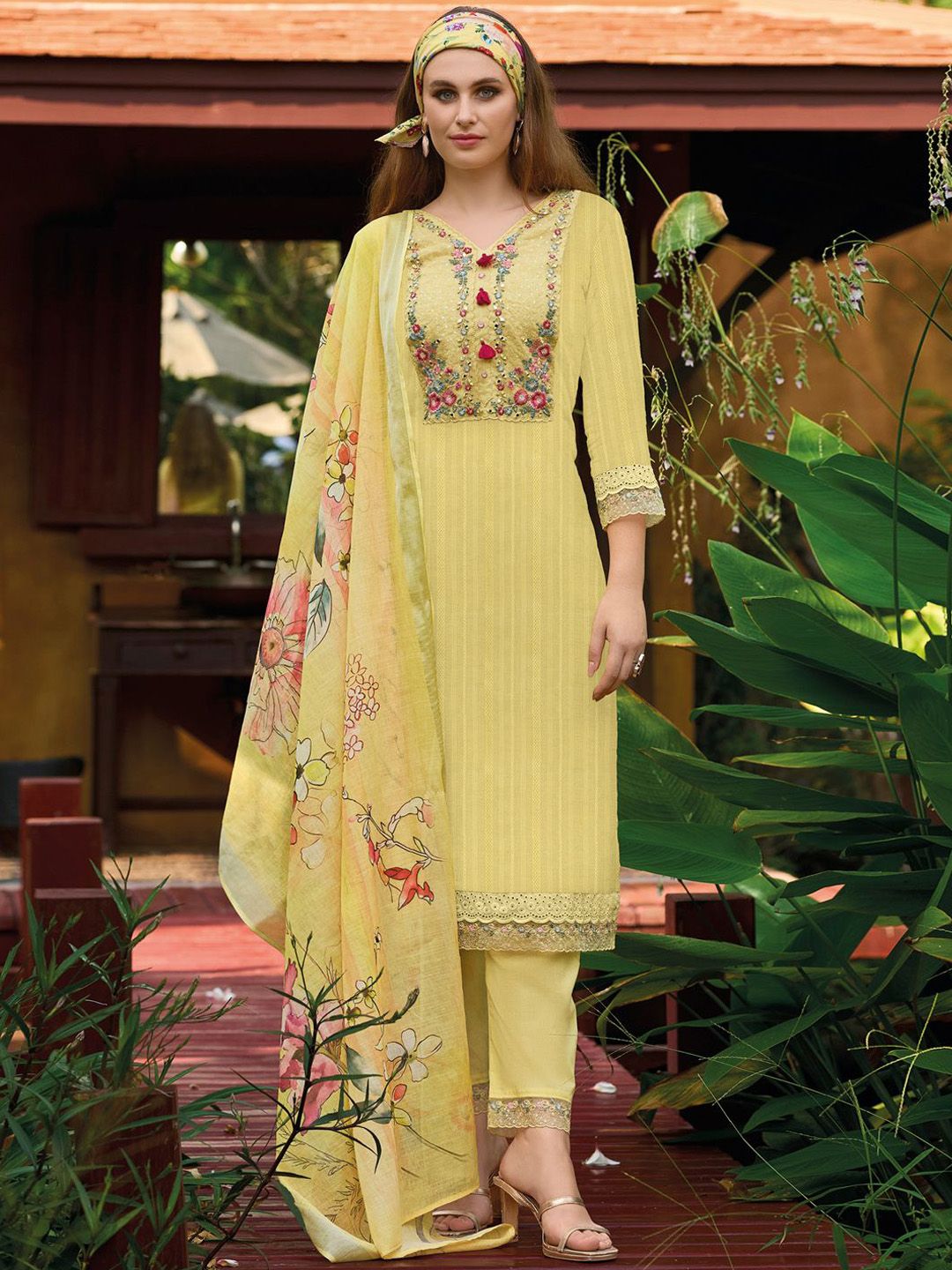 Indo Era Yellow Floral Embroidered Thread Work Pure Cotton Kurta with Trouser &  Dupatta