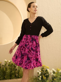 Antheaa Floral Colourblocked Chiffon Balloon Dress