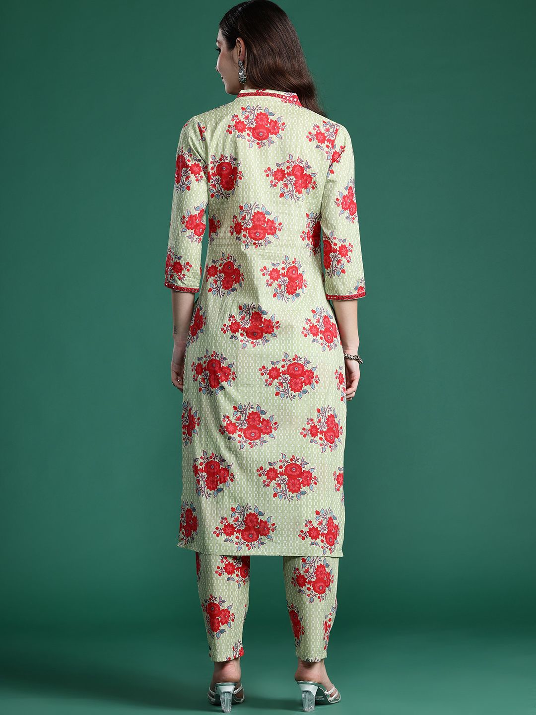 Indo Era Floral Printed Mirror Work Pure Cotton Kurta with Trousers